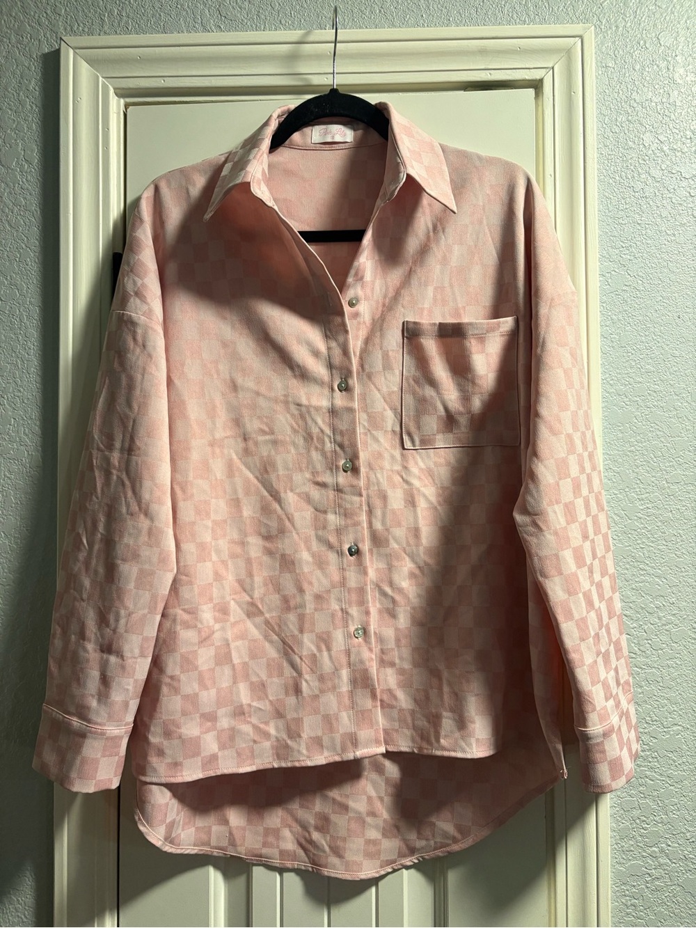 Women’s Pink Check Long-Sleeve Shirt - Relaxed Button-Up Size Small Oversized